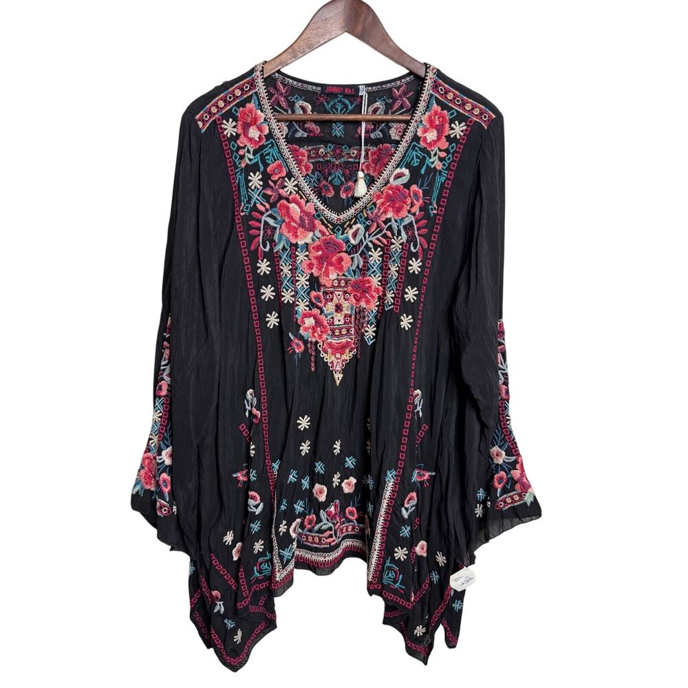 Johnny Was Dulci Tunic Women’s XXL Black Floral Embroidered Asymmetrical